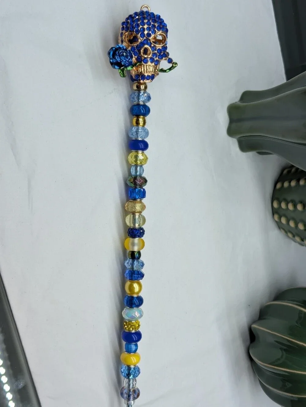 Hand Made Beaded Fairy Wand/Plant/Garden Stake W/Skull Topper in Blue and Gold